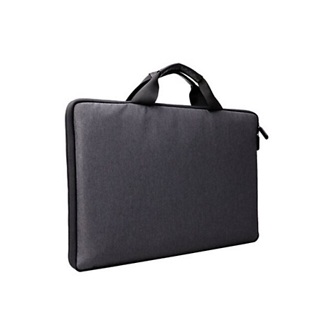 Eine schlichte, dunkelgraue Laptoptasche mit Tragegriffen vor weißem Hintergrund.