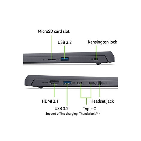 Nahaufnahme der Seiten eines Laptops mit Beschriftungen für microSD-Kartensteckplatz, USB 3.2, Kensington-Schloss, HDMI 2.1, Kopfhöreranschluss, Typ-C und Thunderbolt 4.