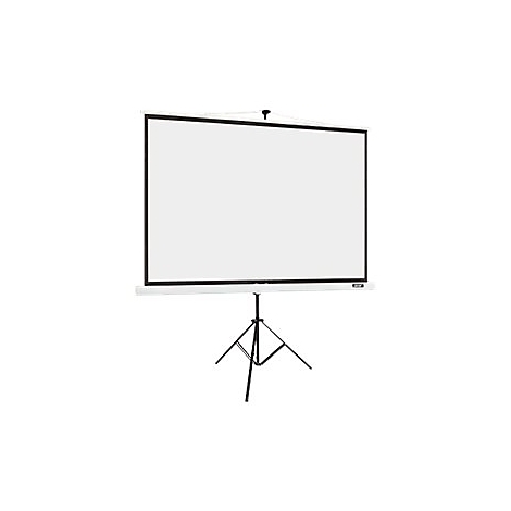 Projektionsleinwand auf einem Dreibeinstativ vor weiÃŸem Hintergrund. Schwarzer Rahmen, weiÃŸes Tuch.