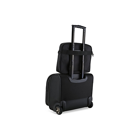 Schwarzer Trolley mit schwarzer Handtasche auf weiÃŸem Hintergrund.