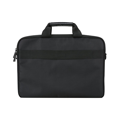 Schwarze Laptoptasche mit Griff und ReiÃŸverschluss, vor weiÃŸem Hintergrund.