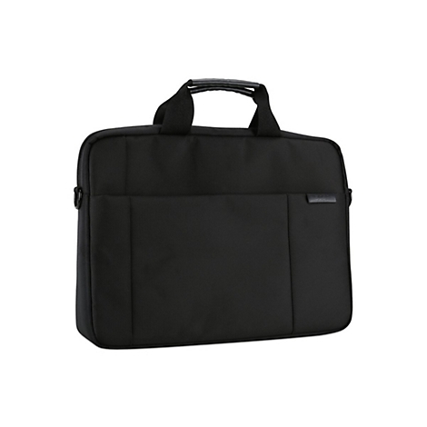 Schwarze Laptoptasche mit Henkel und Schulterriemen. Sie hat eine schlichte, rechteckige Form.