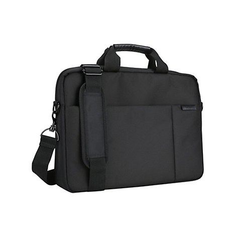 Schwarze Laptoptasche mit Griff, Schultergurt und ReiÃŸverschluss. Auf hellem Hintergrund.