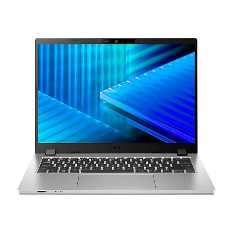 Silberner Laptop mit beleuchteter Tastatur. Auf dem Bildschirm blaue Streifen, Acer Logo unten.