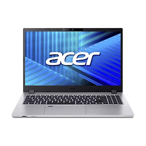 Ein silberfarbener Acer Laptop auf weißem Hintergrund. Der Bildschirm zeigt das Acer Logo, darunter eine Tastatur.
