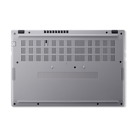 Draufsicht auf die Unterseite eines grauen Laptops mit Belüftungsschlitzen und Schrauben.