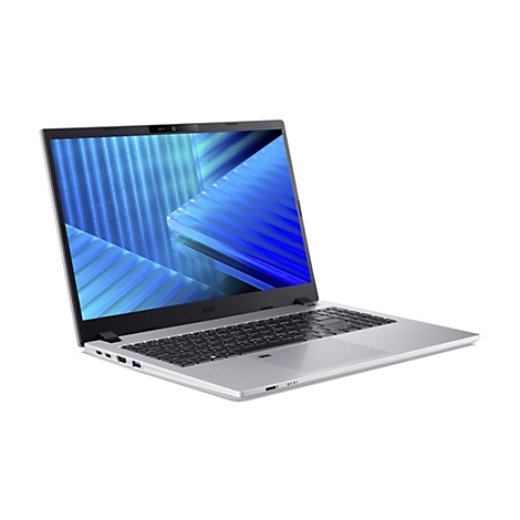 Ein silberfarbenes Acer Laptop mit blauem Bildschirm, der leicht geöffnet ist. Es steht auf weißem Hintergrund.