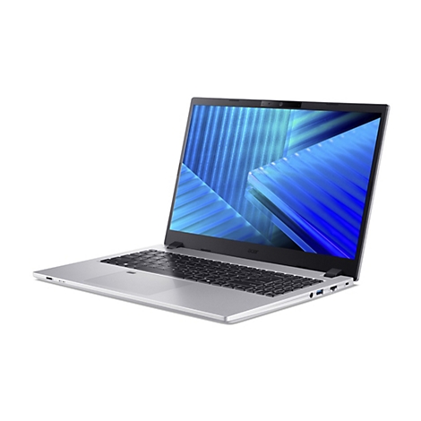 Ein silberner Laptop, leicht angewinkelt, vor weißem Hintergrund. Der Bildschirm zeigt blaues, abstraktes Design. Das Acer Logo ist sichtbar.