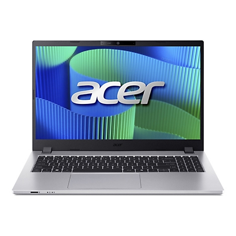 Grauer Laptop mit schwarzer Tastatur und dem Schriftzug "acer" auf dem Display und am unteren Rand. Der Bildschirm zeigt ein blau-grünes Muster.