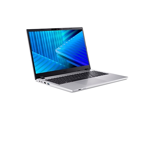 Silberner Laptop im geöffneten Zustand mit blauem Bildschirm und Tastatur auf weißem Hintergrund.