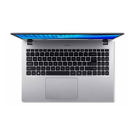 Draufsicht auf ein geöffnetes silbernes Laptop mit schwarzer Tastatur und hellem Bildschirm.