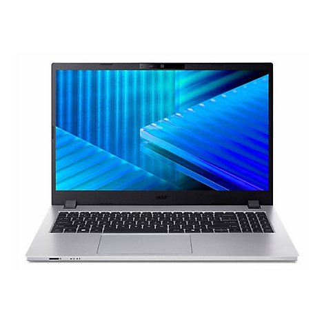 Ein silberner Laptop mit schwarzem Bildschirm, der ein abstraktes blaues Muster zeigt. Die Tastatur und das Acer-Logo sind sichtbar.
