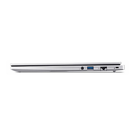 Silberner Laptop, Seitenansicht. Links: Anschluss, rechts: USB-, Ethernet- und Audioanschlüsse.