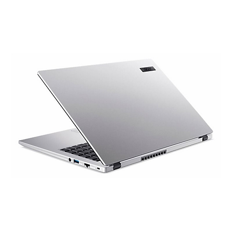 Grauer Laptop mit offenem Deckel, Acer-Logo. Blickwinkel von oben.