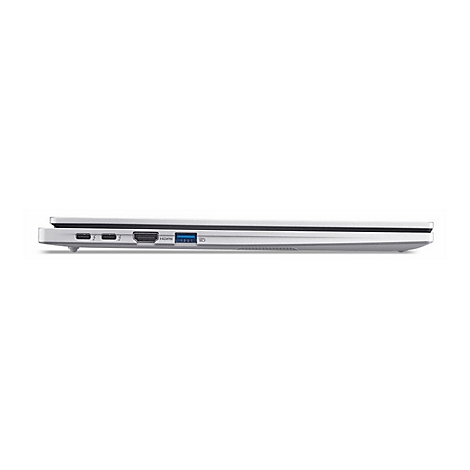 Silberner Laptop, Seitenansicht: Anschlüsse für USB, HDMI, Strom und SD-Karte sind erkennbar.
