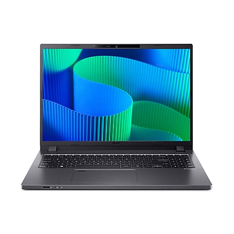 Dunkelgraues Acer Laptop mit geöffnetem Display. Auf dem Bildschirm sind blaue und grüne Wellen zu sehen.