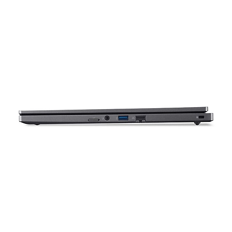 Grauer Laptop, seitlich betrachtet. Deutlich sichtbar sind AnschlÃ¼sse: USB, KopfhÃ¶rer, Ladeanschluss.