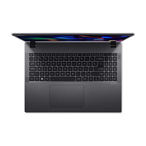 Draufsicht auf einen geÃ¶ffneten, grauen Laptop. Tastatur, Touchpad und Bildschirm sind sichtbar.