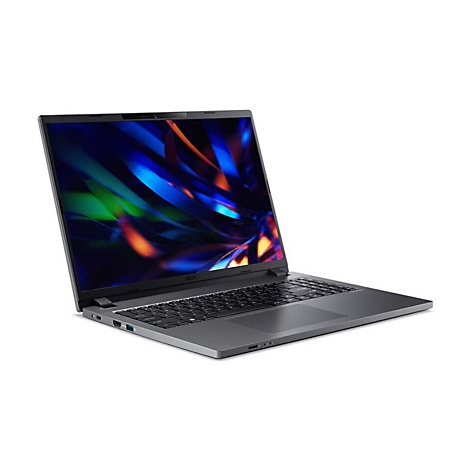 Grauer Laptop, halb geÃ¶ffnet, mit bunten Hintergrund. Die Tastatur liegt frei.