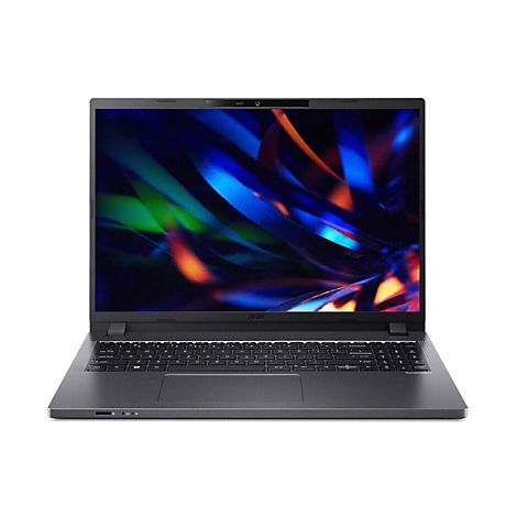 Ein grauer Laptop auf weiÃŸem Hintergrund. Der Bildschirm zeigt ein blau-gelbes, abstraktes Muster. Tastatur, Trackpad und Webcam sind zu sehen.