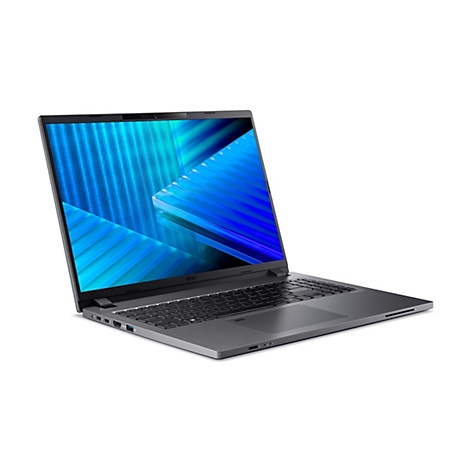 Grauer Laptop mit offenem Display, auf dem blaue, abstrakte Muster zu sehen sind. Die Tastatur und das Touchpad sind deutlich sichtbar.