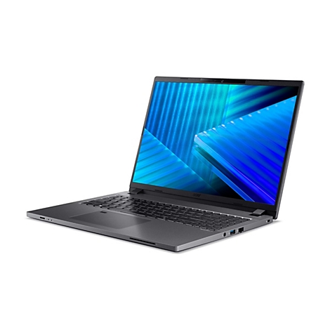 Grauer Laptop mit offenem Bildschirm, der blaue, diagonale Linien zeigt. Das Acer-Logo ist sichtbar.