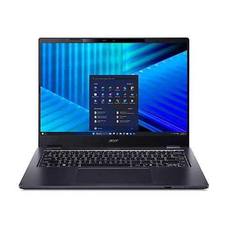 Dunkelgraues Acer-Notebook mit geöffnetem Display, auf dem Windows-Menüansicht, weißer Hintergrund.