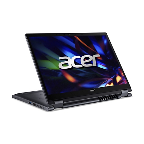 Ein offenes, anthrazitfarbenes Acer Laptop, leicht schräg von vorne fotografiert, auf weißem Hintergrund. Der Bildschirm zeigt das Acer Logo.