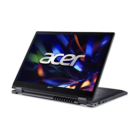 Ein schwarzes Acer-Laptop, halb geöffnet, vor weißem Hintergrund. Das Display zeigt ein farbenfrohes Muster. Der Name Acer ist auf dem Bildschirm und auf dem Gehäuse sichtbar.