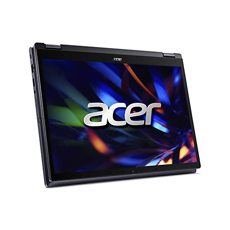 Ein Acer-Laptop in geöffnetem Zustand, in schräger Ansicht. Auf dem Bildschirm das Acer-Logo. Der Hintergrund ist abstrakt und farbenfroh.