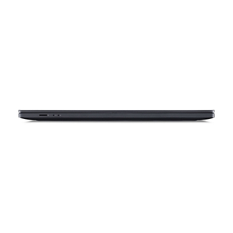Seitenansicht eines dunklen Laptops, auf weißem Hintergrund. Die Seite ist flach, mit Anschlüssen und Anzeigeleuchten.