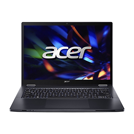 Dunkelgraues Acer-Laptop vor weißem Hintergrund. Bildschirm zeigt Acer-Logo und abstraktes Design. Tastatur mit Hintergrundbeleuchtung.