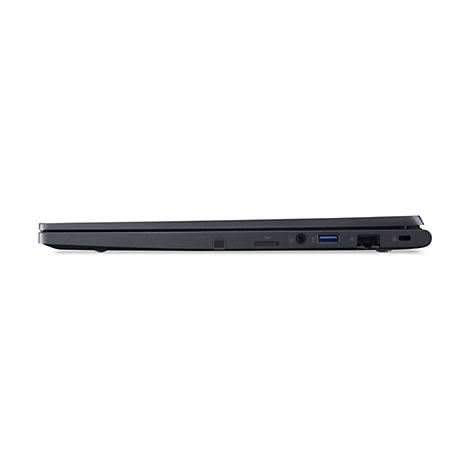Dunkelgrauer Laptop, seitlich gesehen, mit Anschlüssen wie USB und Kopfhöreranschluss.
