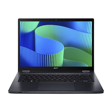 Dunkelgraues Acer-Laptop mit offenem Bildschirm, auf dem ein blau-grÃ¼nes Muster zu sehen ist. Schwarze Tastatur, weiÃŸer Hintergrund.