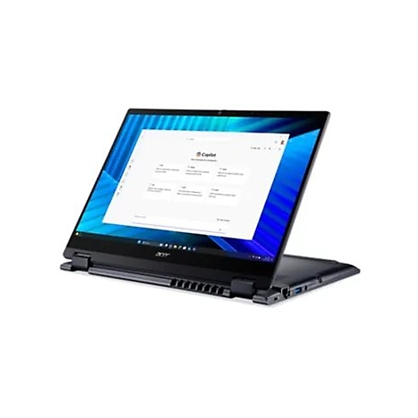Schwarzes Acer Notebook, halb geöffnet. Auf dem Bildschirm ist eine Website namens Copilot zu sehen.