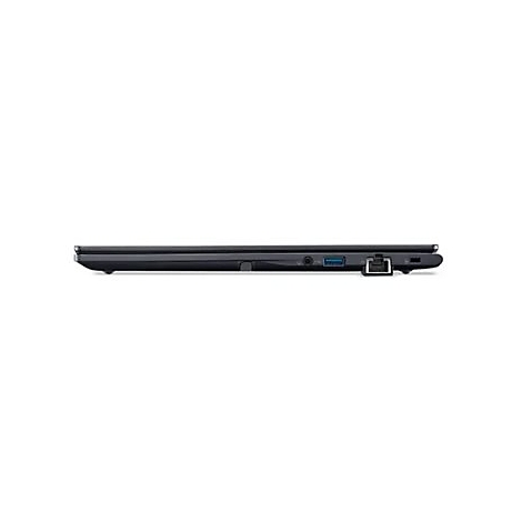 Dunkler Laptop im Profil, mit Anschlüssen auf der rechten Seite. Deutlich sichtbar: USB, Kopfhöreranschluss, LAN.