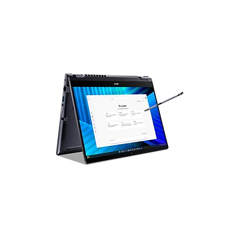 Ein schwarzes Acer-Notebook, das geöffnet und teilweise gedreht ist, mit einem Stift. Auf dem Bildschirm ist eine Copilot-Oberfläche zu sehen.