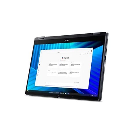Schwarzes Acer 2-in-1-Laptop auf weißem Hintergrund. Der Bildschirm zeigt ein Copilot-Menü. Der Laptop ist leicht geneigt.
