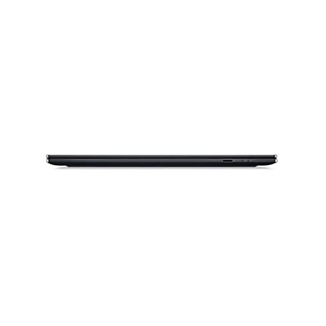 Dunkelgraues Laptop-Profil, flach, minimalistisch, mit einem Anschluss an der Seite.