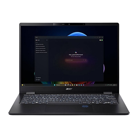 Schwarzes Acer Notebook im geöffneten Zustand. Auf dem Bildschirm wird eine App-Oberfläche mit Text und Chat-Fenster gezeigt.