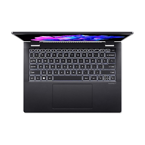 Draufsicht eines schwarzen Acer TravelMate Laptops mit beleuchteter Tastatur und großem Touchpad.