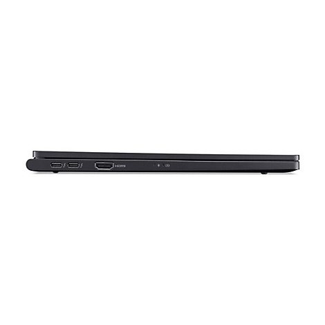 Seitenansicht eines flachen, schwarzen Laptops mit zwei USB-C-Anschlüssen, einem HDMI-Port und Status-LEDs.