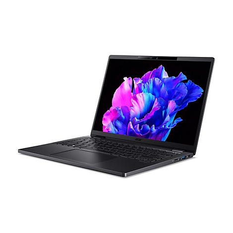 Schwarzes Acer-Notebook in Seitenansicht vor weißem Hintergrund mit farbenfrohem Blumen-Hintergrundbild.