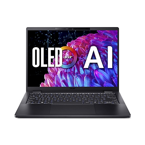 Ein schwarzes Acer-Laptop mit geöffnetem Bildschirm. Auf dem Bildschirm steht "OLED AI".