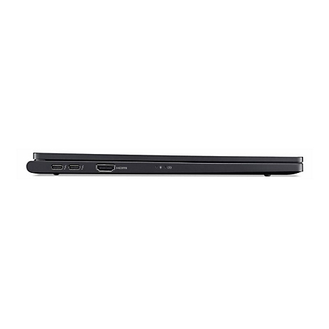 Schwarzes Laptop von der Seite. Anschlüsse: USB-C, HDMI. Aufschrift: HDMI.