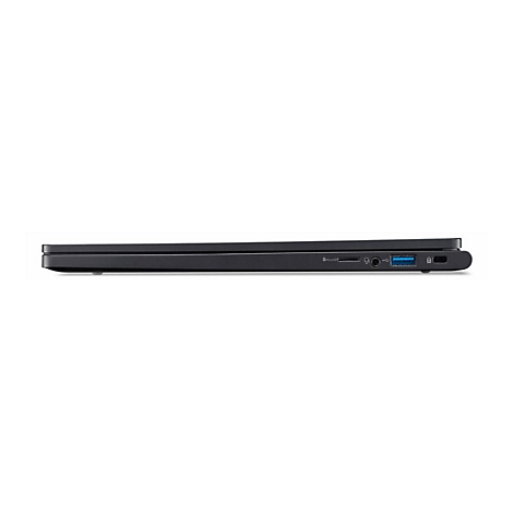 Schwarzes Laptop von der Seite. USB-Anschluss, Kopfhöreranschluss, SD-Kartenslot sind zu sehen.