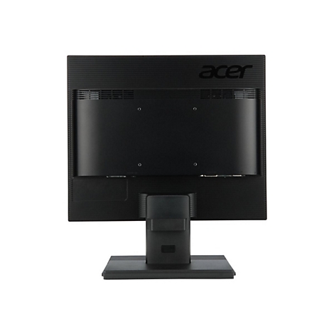 Rückseite eines schwarzen Acer-Monitors mit Standfuß vor weißem Hintergrund.