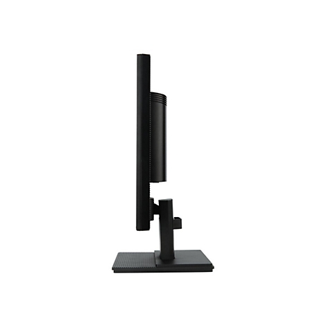 Seitliche Ansicht eines schwarzen Computerbildschirms auf einem Standfuß vor weißem Hintergrund.