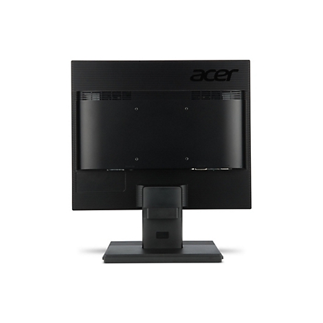 Rückseite eines schwarzen Acer-Monitors mit Standfuß vor weißem Hintergrund.