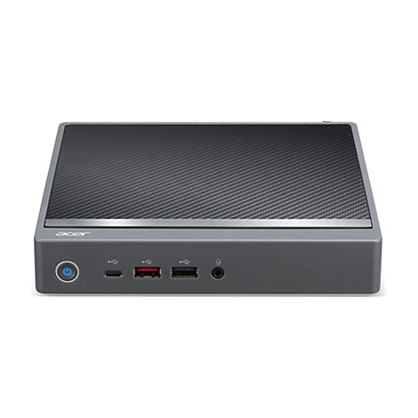 Grauer Acer-Mini-PC. Oben ein Muster aus Karbonfaser, darunter Anschlüsse.